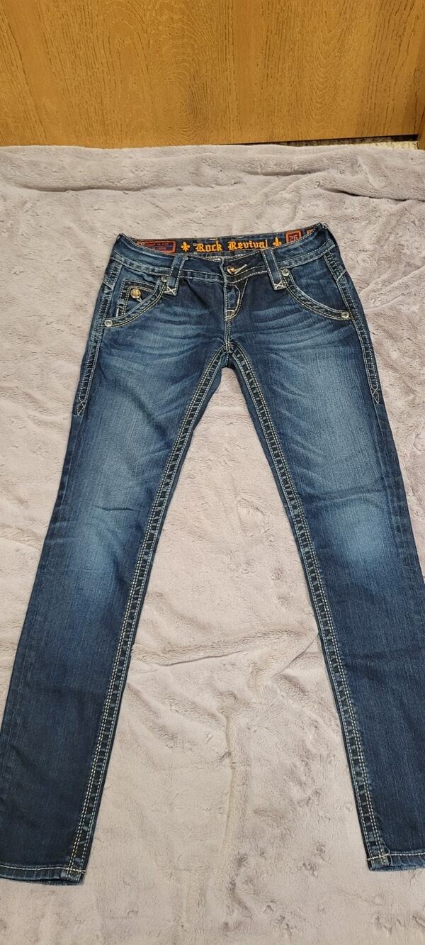Rock Revival Adele Skinny Jeans Womens 26 Dark Wash Fleur De Lis Pocket Western